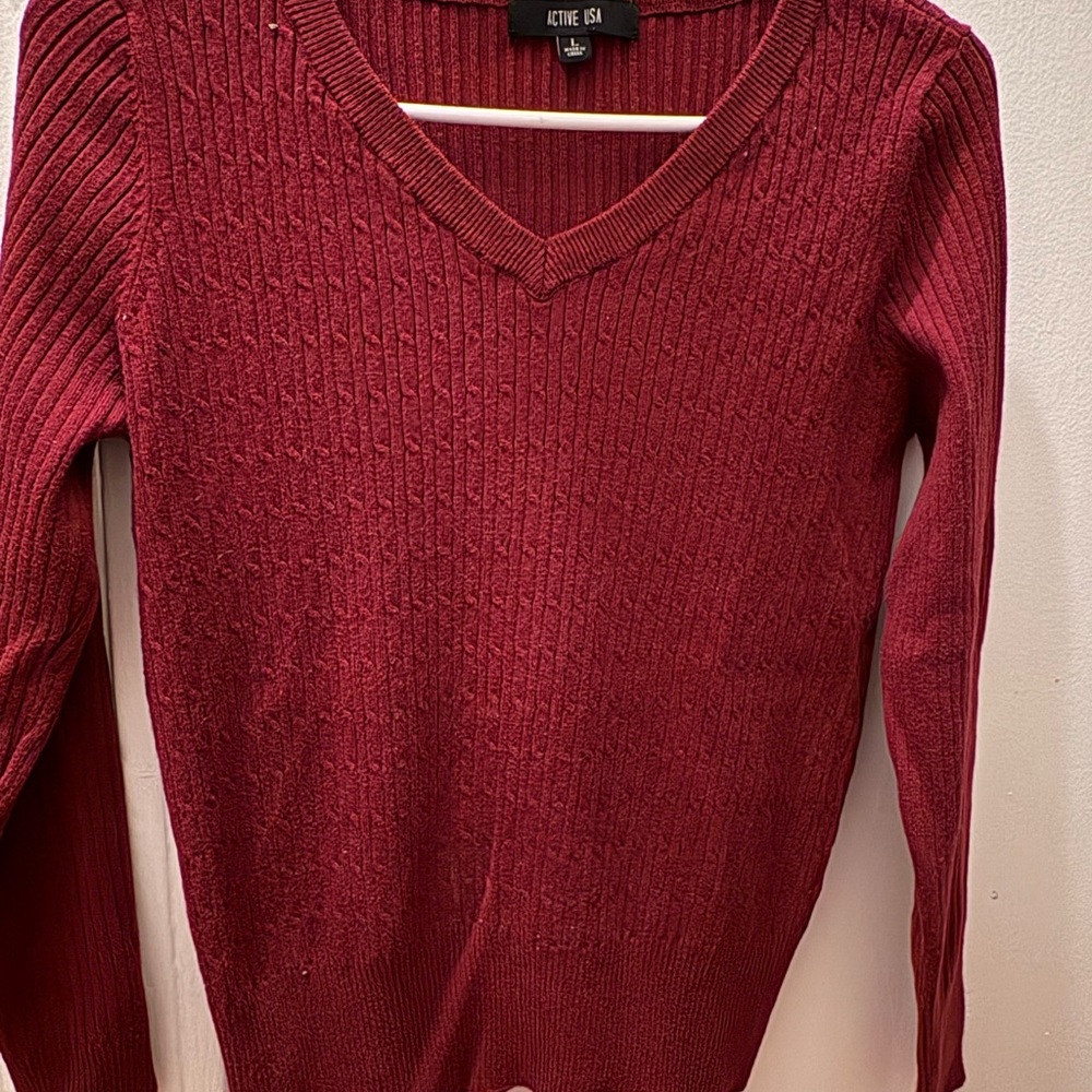 Active USA Red V-Neck Sweater with Ribbed Knit
